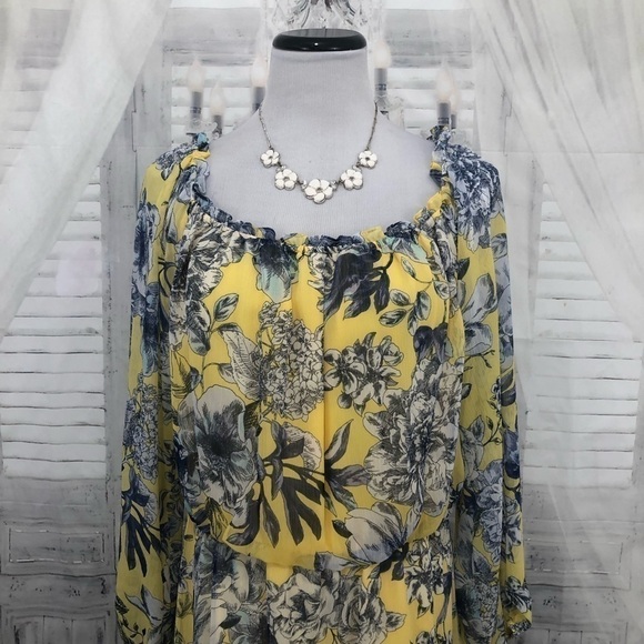Tommy Hilfiger Large Dress Yellow Blue Floral Crinkle Chiffon Off-the-Shoulder - Picture 3 of 12